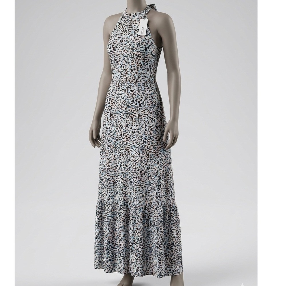 Molly Bracken Maxi Dress Blue Pink Leopard Panther Fun Pastel Halter Backless M